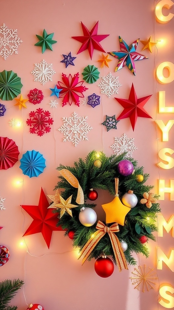 DIY Christmas Wall Decorations A festive wall with DIY Christmas decorations including snowflakes, a garland, and a wreath.
